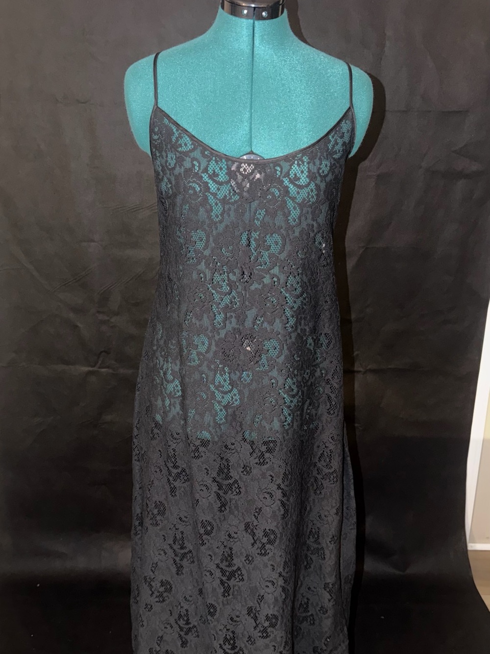 VTG Victoria's Secret Gold Label Sheer Black Lace Maxi Slip Dress with Slit, L